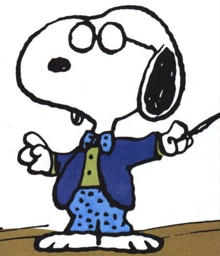 Cartoon dog snoopy, dressed as an orchestra conductor